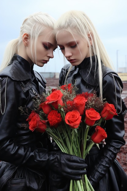 dos mujeres sosteniendo flores