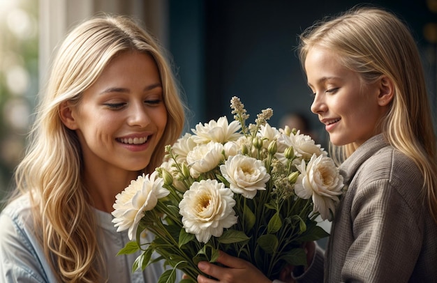 dos mujeres sosteniendo un ramo de flores con las palabras flores a la izquierda