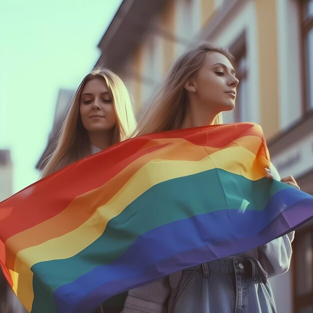 dos mujeres, tenencia, un, arco iris, bandera