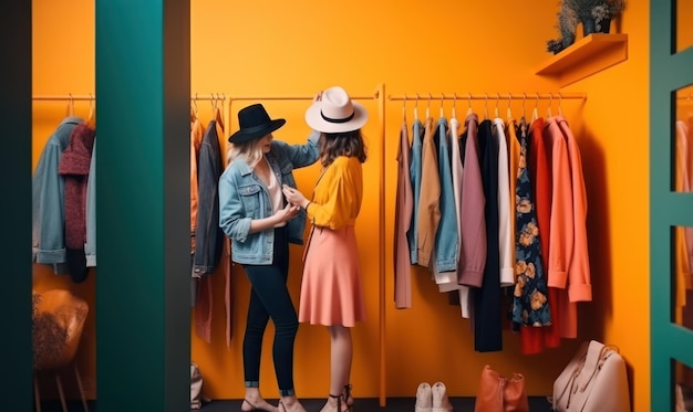 Dos mujeres en una tienda, una con sombrero y la otra con camisa rosa y sombrero negro.