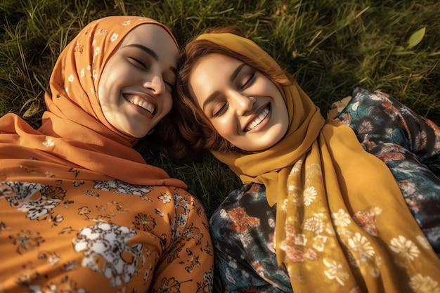 Dos mujeres tiradas en la hierba, una con hiyab y la otra con una camisa de flores.