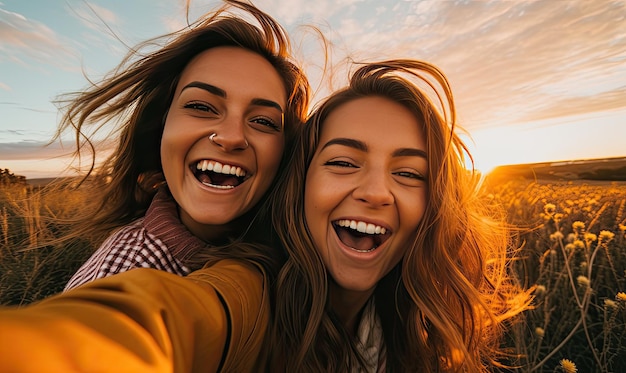 Foto dos mujeres tomando una selfie en un campo