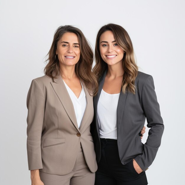 Foto dos mujeres en traje de negocios posando para una foto.