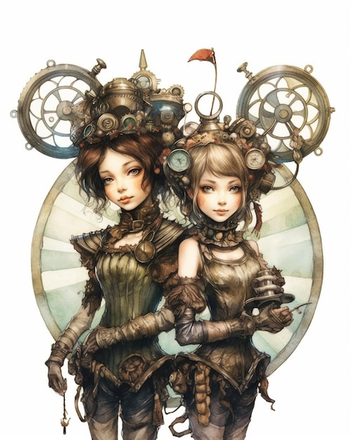 Dos mujeres con trajes de steam punk están una al lado de la otra.