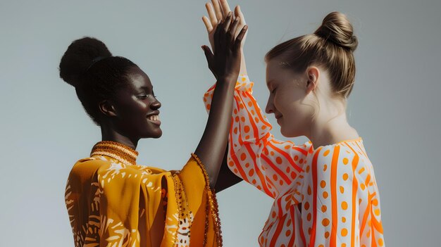 Dos mujeres con trajes vibrantes dando un alto cinco celebrando la diversidad y la amistad vestimenta casual y moderna perfecta para la publicidad de la IA