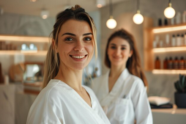 Foto dos mujeres con túnicas blancas posando frente a un espejo