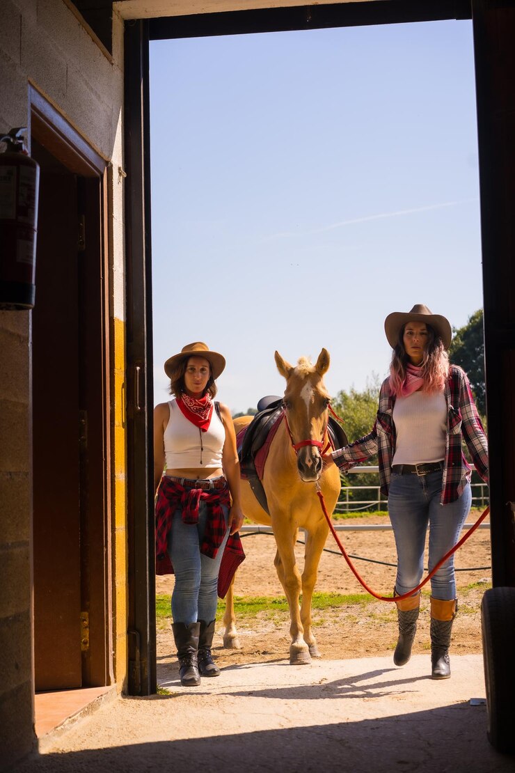Foto dos mujeres vaqueras disfrutando con un caballo en un caballo, con trajes de américa del sur