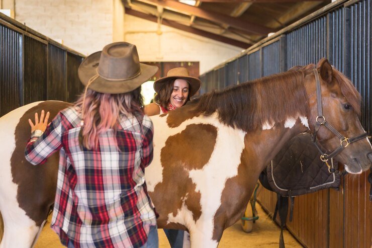 Foto dos mujeres vaqueras sonrientes trabajando cepillando un caballo en un establo, sombreros y jeans del sur de ee. uu., foto vertical