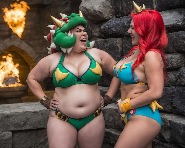 Foto dos mujeres vestidas de mario y luigi en bikini