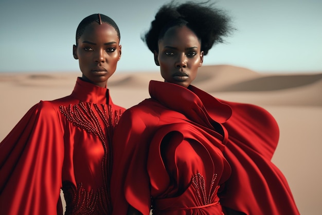 Dos mujeres vestidas de rojo se paran en el desierto.