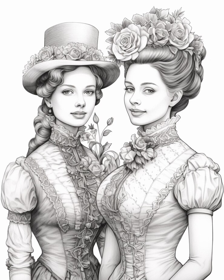 dos mujeres en vestido victoriano con sombreros y flores generativa ai