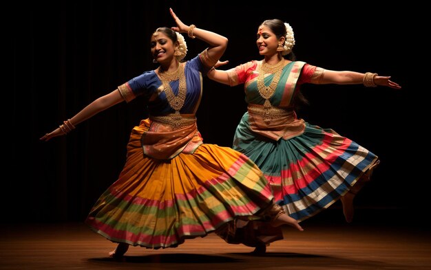 Foto dos mujeres con vestidos coloridos están bailando en la oscuridad