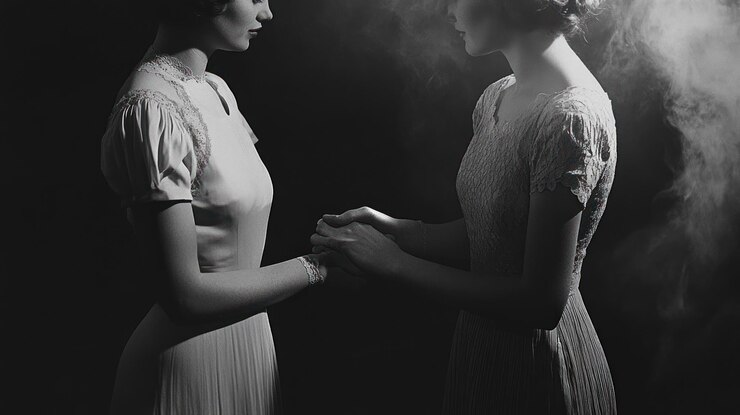 Dos mujeres en vestidos de la década de 1920 tomadas de la mano en un dramático retrato en blanco y negro ahumado