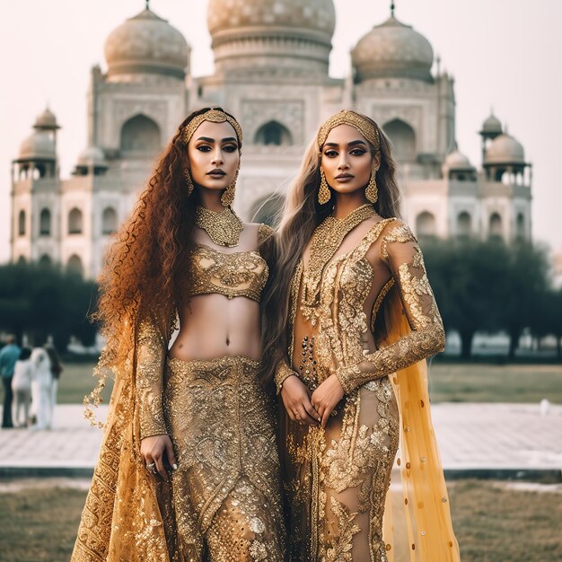 Foto dos mujeres con vestidos dorados se paran frente a un taj mahal