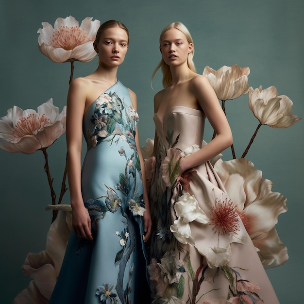 dos mujeres con vestidos con flores y una tiene una flor en el medio