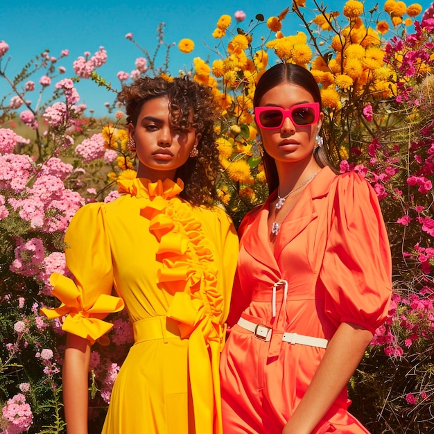 dos mujeres con vestidos naranjas están posando frente a un campo de flores