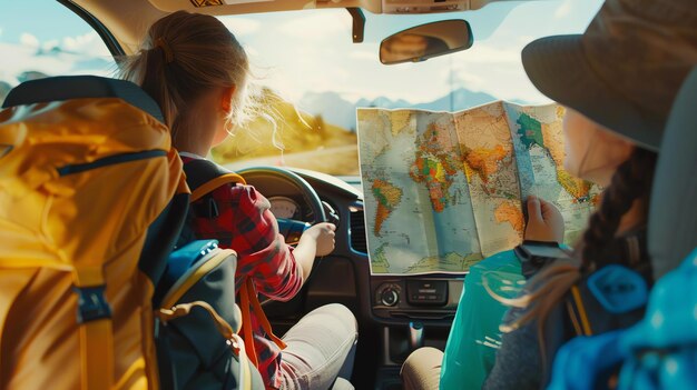 Foto dos mujeres en un viaje por carretera mirando un mapa