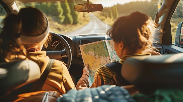 Foto dos mujeres en un viaje por carretera mirando un mapa