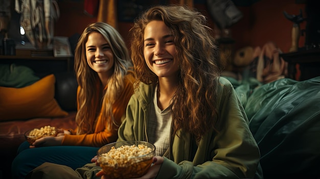 Dos mujeres viendo una película en casa mientras comen palomitas de maíz