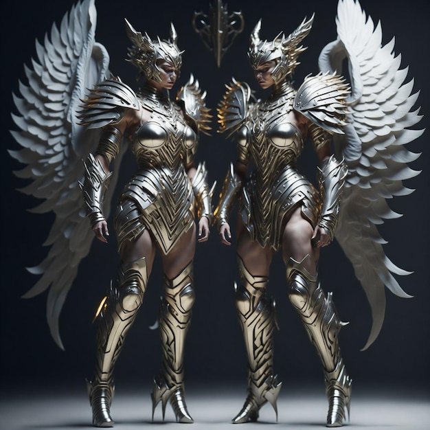 Dos mujeres vistiendo cascos alados de pelo corto con armadura de metal dorado