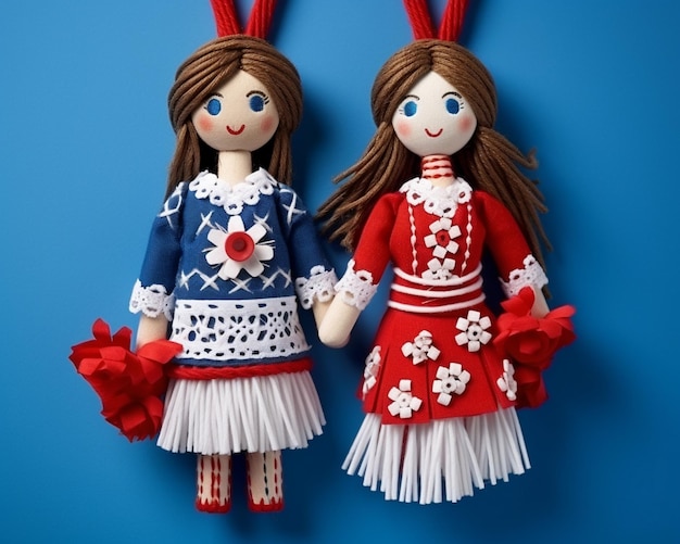 Dos muñecas hechas a mano en un fondo azul vista superior