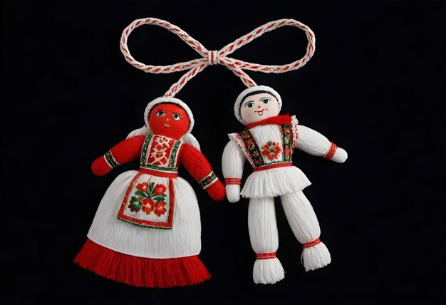 Foto dos muñecas martenitsa en trajes tradicionales están colgando de una cuerda