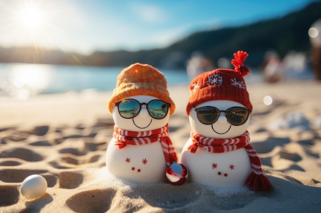 Dos muñecos de nieve navideños de arena celebran la Navidad en una hermosa playa IA generativa