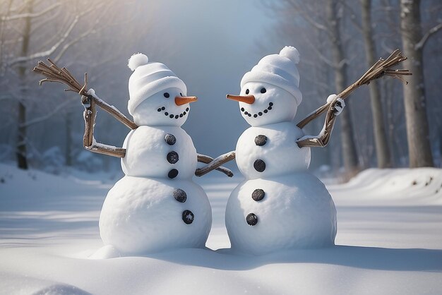 Dos muñecos de nieve con sus brazos entrelazados