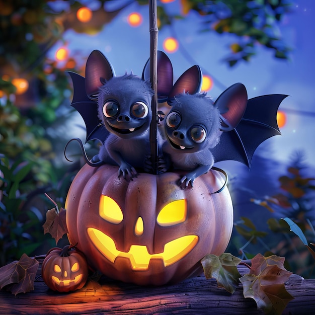 Foto dos murciélagos se sientan en una calabaza con una calabaca de halloween detrás de ellos