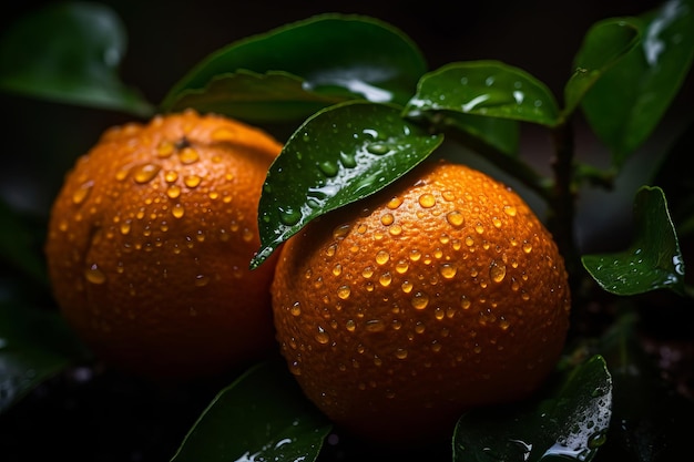 Dos naranjas con gotas de agua sobre ellas en una rama