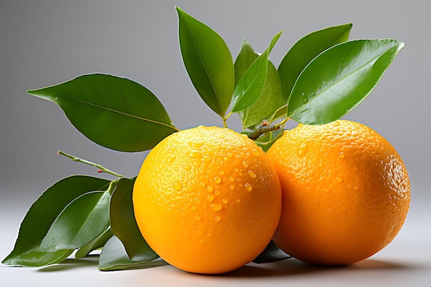 Dos naranjas maduras con hojas aisladas sobre fondo blanco