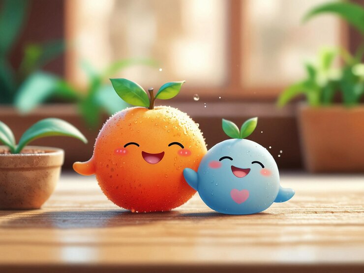 dos naranjas con sonrisas alegres y brazos y piernas pequeñas