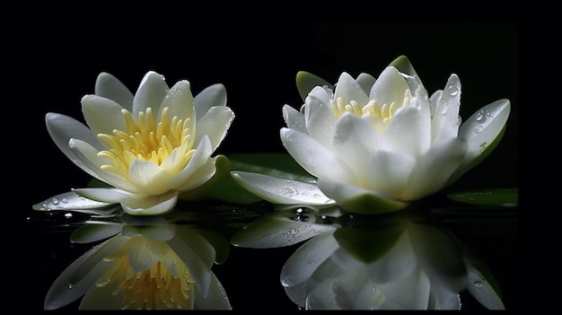 Dos nenúfares blancos con uno de ellos sobre un fondo negro