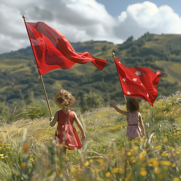 Foto dos niñas con banderas rojas y una de ellas tiene una bandera roja que dice volar en ella