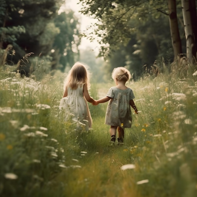 Dos niñas caminando por un campo tomados de la mano
