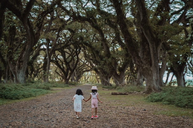 Dos niñas caminaron por un camino