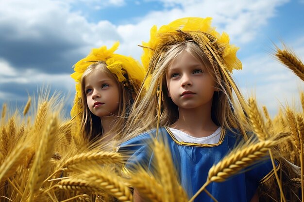 Dos niñas en un campo de trigo contra un cielo azul generado por IA