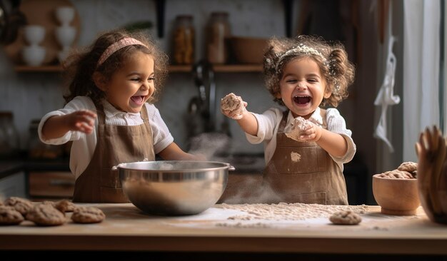 Dos niñas cocinando en una cocina, una de las cuales lleva delantales y la otra lleva delantales y la otra lleva delantales.