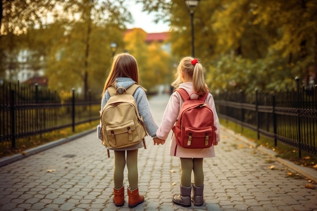 Dos niñas cogidas de la mano, una con mochila, la otra con chaqueta rosa y la otra con mochila rosa.