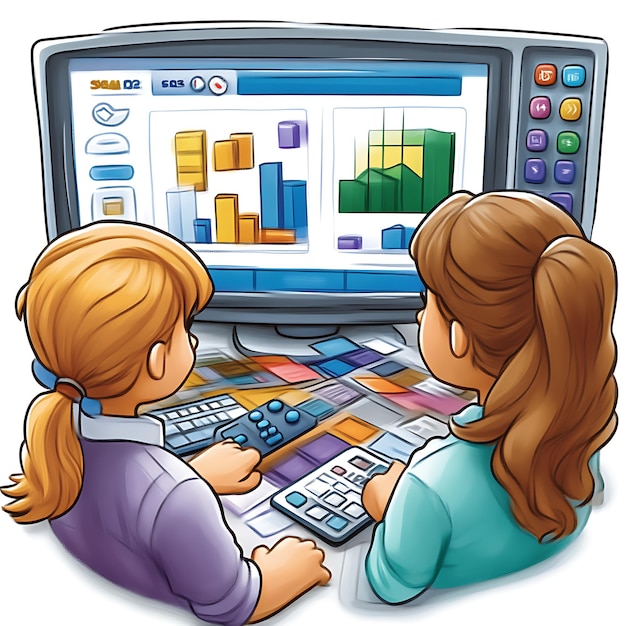 Dos niñas colaboran en el análisis de datos utilizando software informático