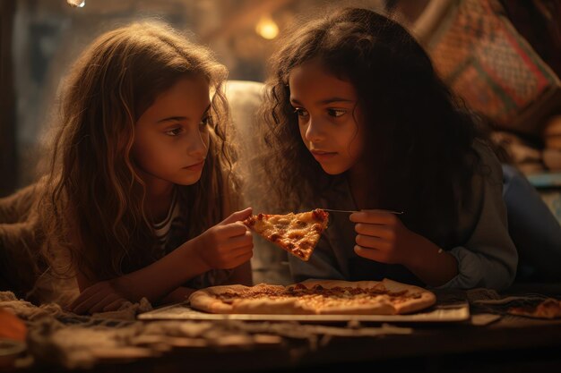 Foto dos niñas compartiendo una rebanada de pizza de queso