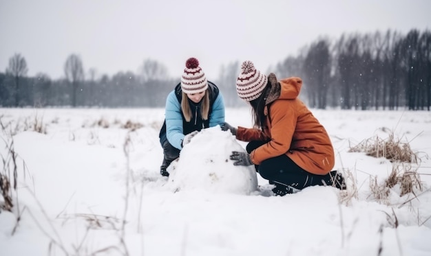 Dos niñas construyendo un muñeco de nieve en invierno