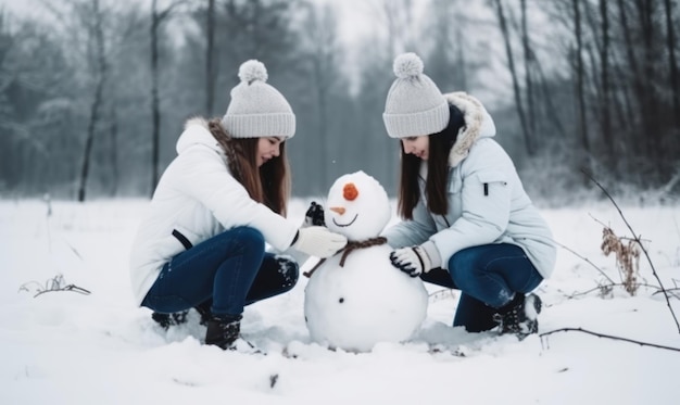 Dos niñas construyendo un muñeco de nieve en invierno