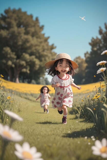 Dos niñas corriendo por un camino en un campo de flores.