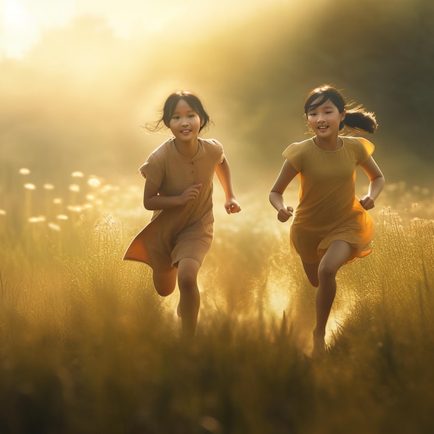 Dos niñas corriendo en un campo con el sol brillando sobre ellas.