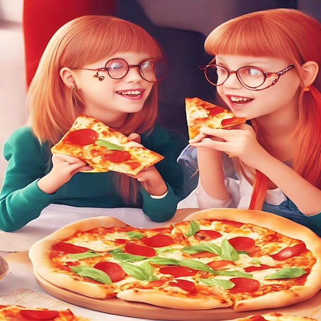 dos niñas están comiendo pizza y a una le falta una porción