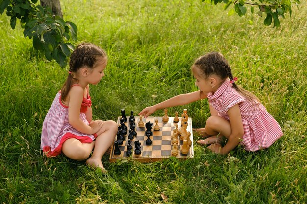 Dos niñas están jugando al ajedrez en el jardín sobre la hierba