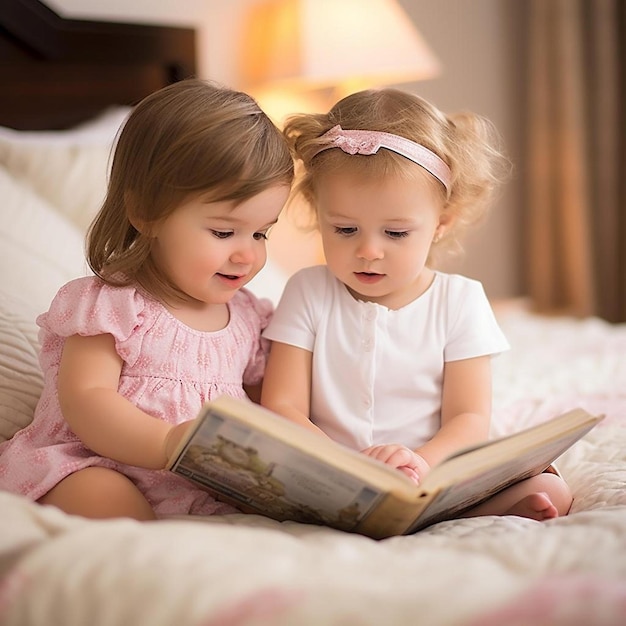 dos niñas están leyendo un libro en una cama