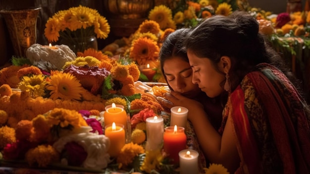 Dos niñas están sentadas frente a una mesa cubierta de flores y velas.