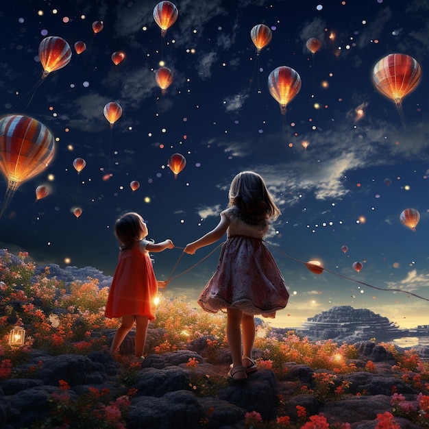 dos niñas están volando globos de aire caliente en un cielo azul con las palabras " el " aire caliente ".